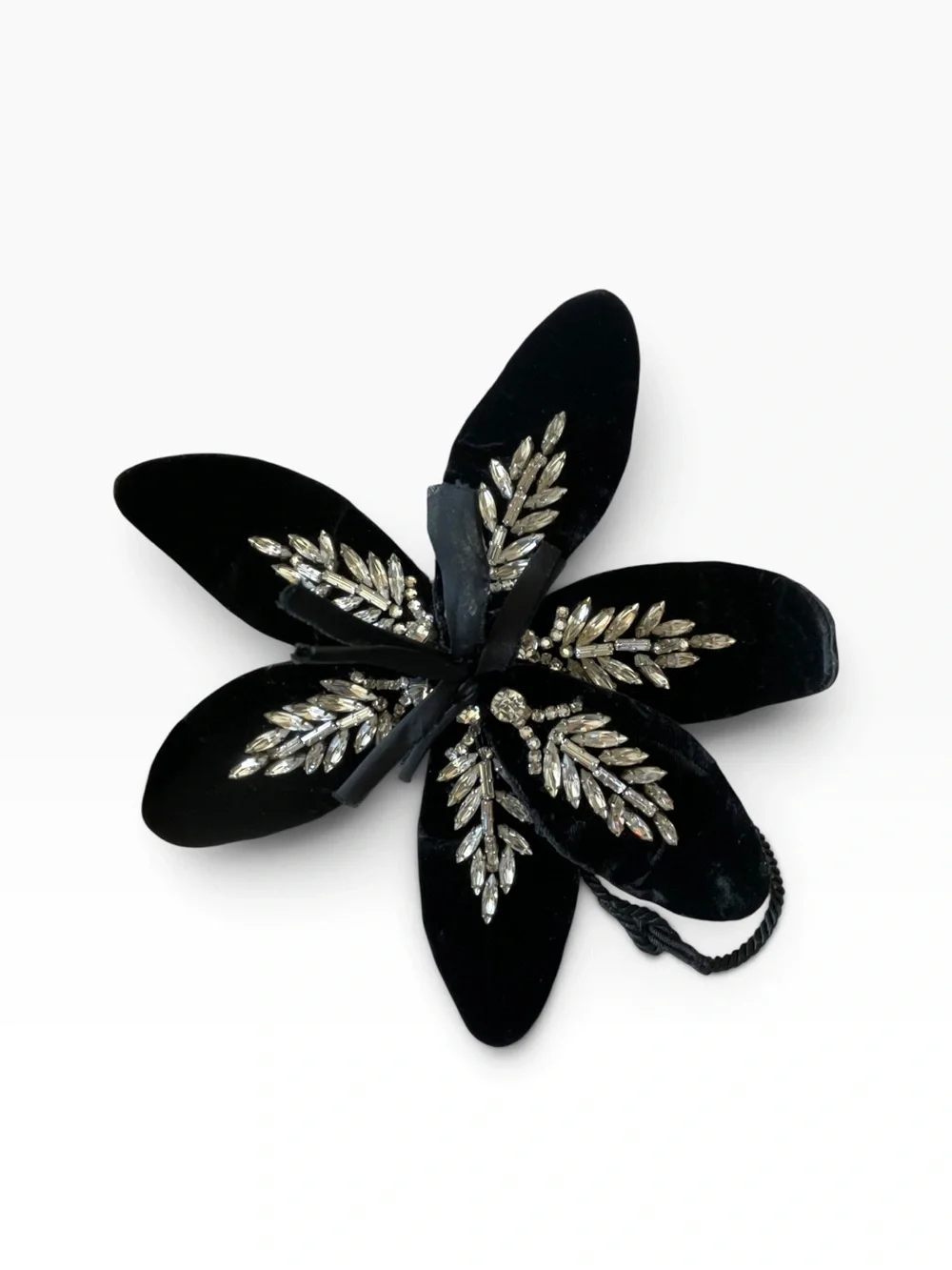 Vintage Black Velvet Rhinestone Flower Clip Brooch Ornament Gothic Glam